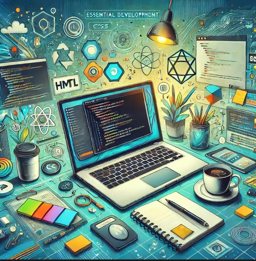 A laptop displaying code and web development tools