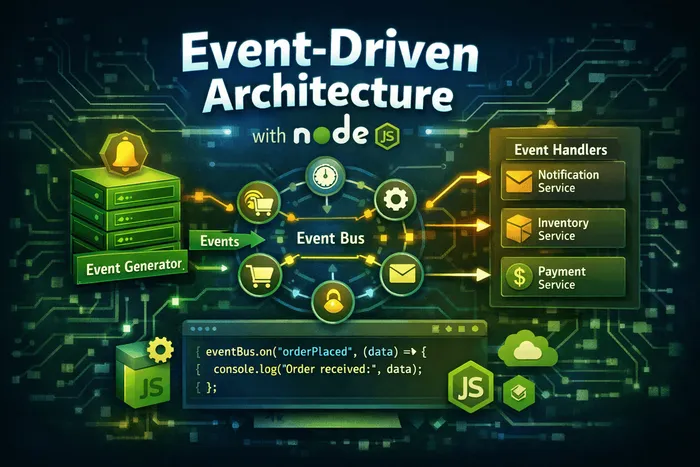 Node.js event driven architecture diagram showing emitters and listeners