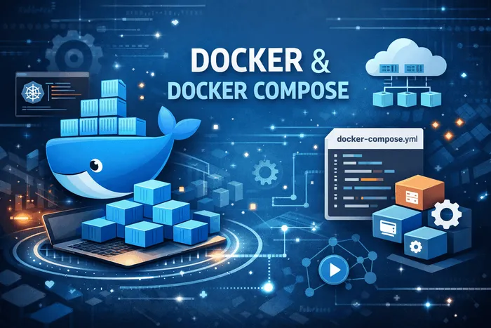 Docker containers and whale logo illustration