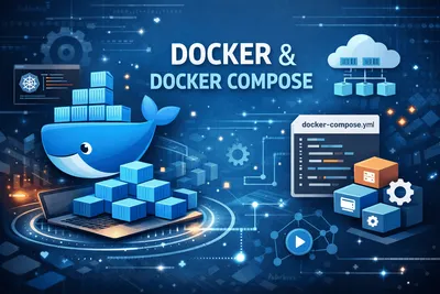 Docker containers and whale logo illustration