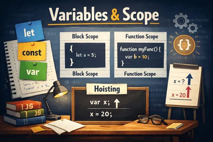JavaScript variables and scope illustration showing let, const, and var