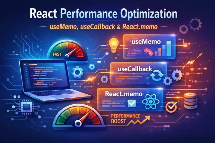 React optimization hooks illustration showing useMemo, useCallback, and React.memo