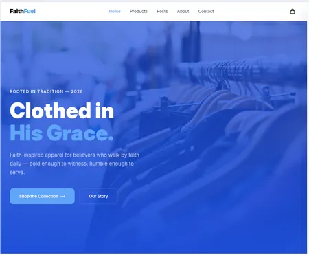 FaithFuel homepage showcasing Christian-themed apparel and devotional content