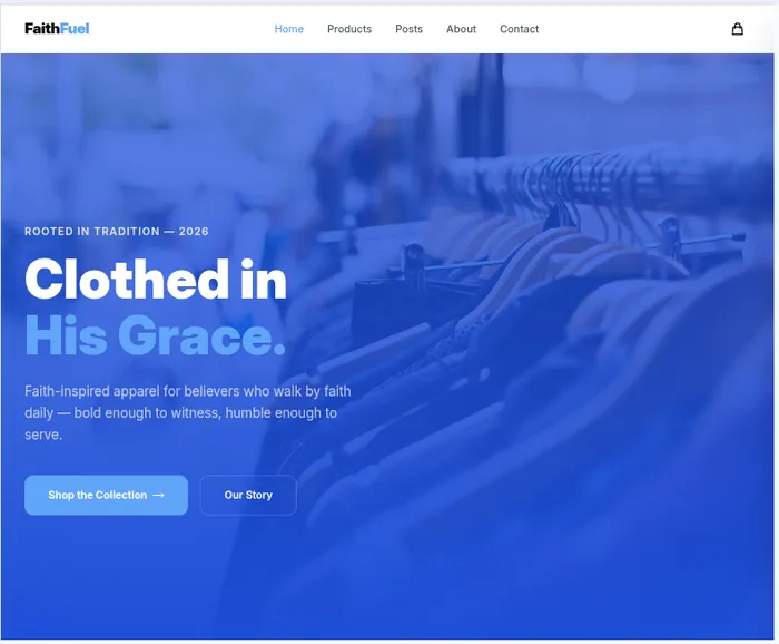 FaithFuel homepage showcasing Christian-themed apparel and devotional content