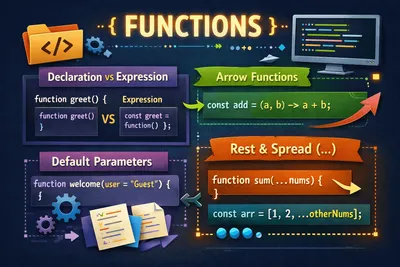 JavaScript functions illustration showing function declarations, arrow functions, and spread operator