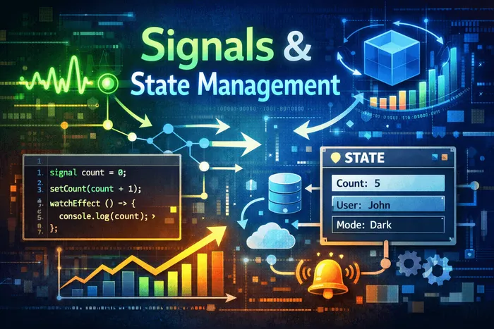 Illustration comparing Signals and React state management approaches