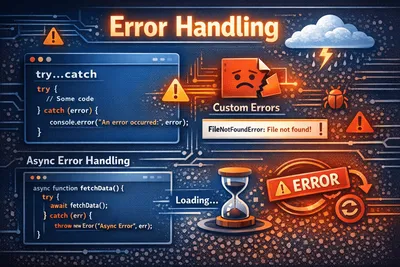 JavaScript error handling illustration showing try-catch blocks and error flow