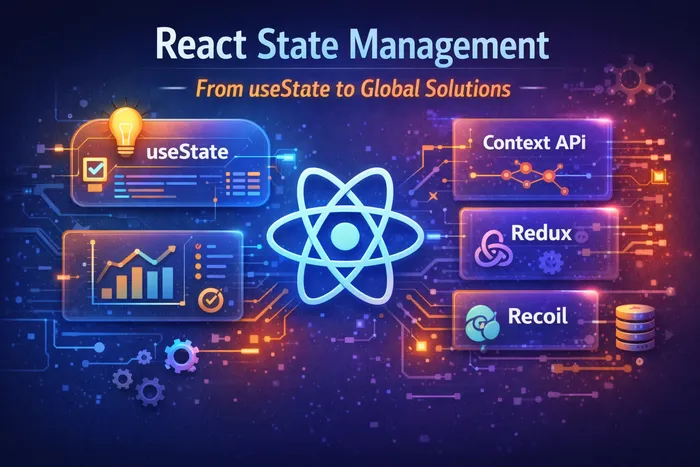 React state management diagram showing local and global state patterns