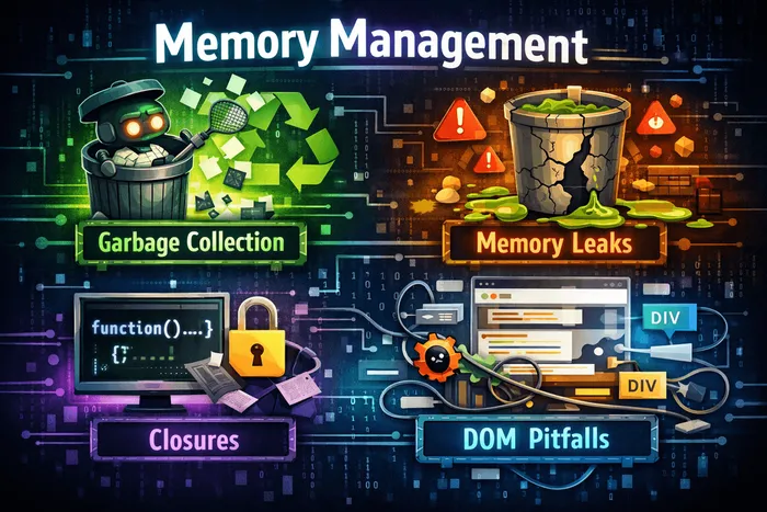 JavaScript memory management visualization showing heap, stack, and garbage collection
