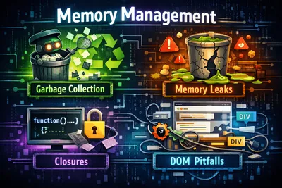 JavaScript memory management visualization showing heap, stack, and garbage collection