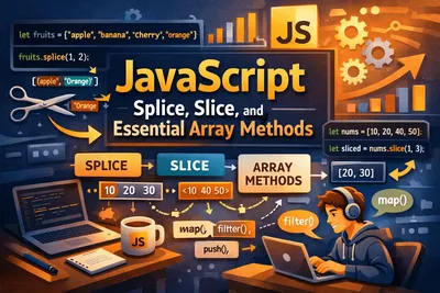JavaScript array methods illustration showing splice cutting into an array and slice creating a copy