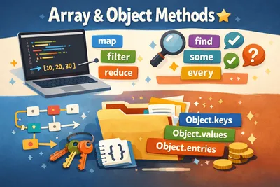 JavaScript array and object methods illustration showing map, filter, reduce, and Object methods